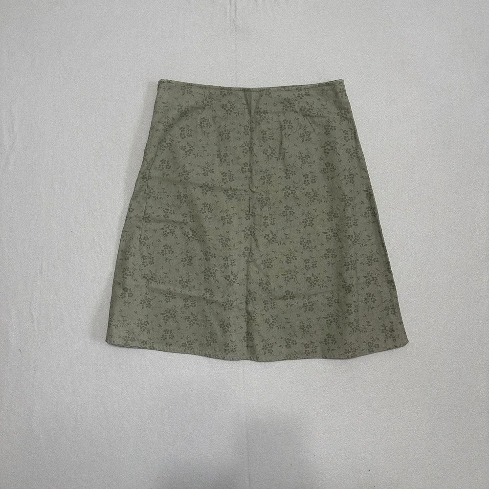 Eddie Bauer Linen‎ Blend Floral Midi Skirt Cottagecore Olive Green A-Line Womens